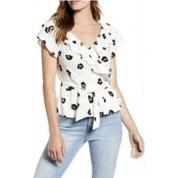 Gibson Animal Print Leopard White Black Wrap Tie Blouse Top Women's Size XS - Picture 1 of 9